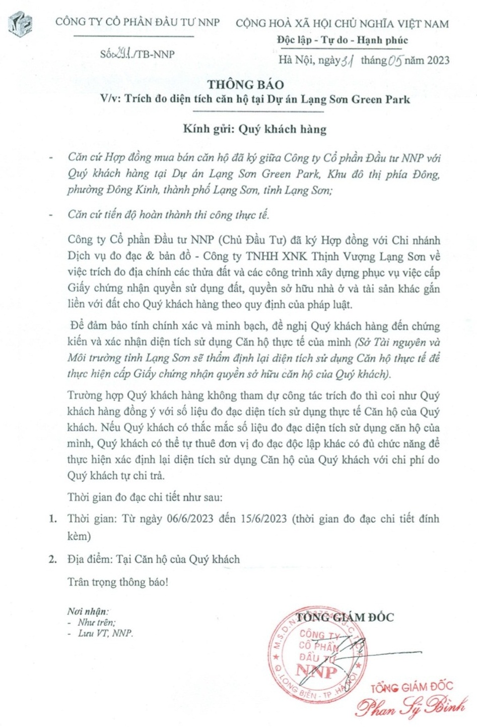 Thông báo số 291/TB-NNP
